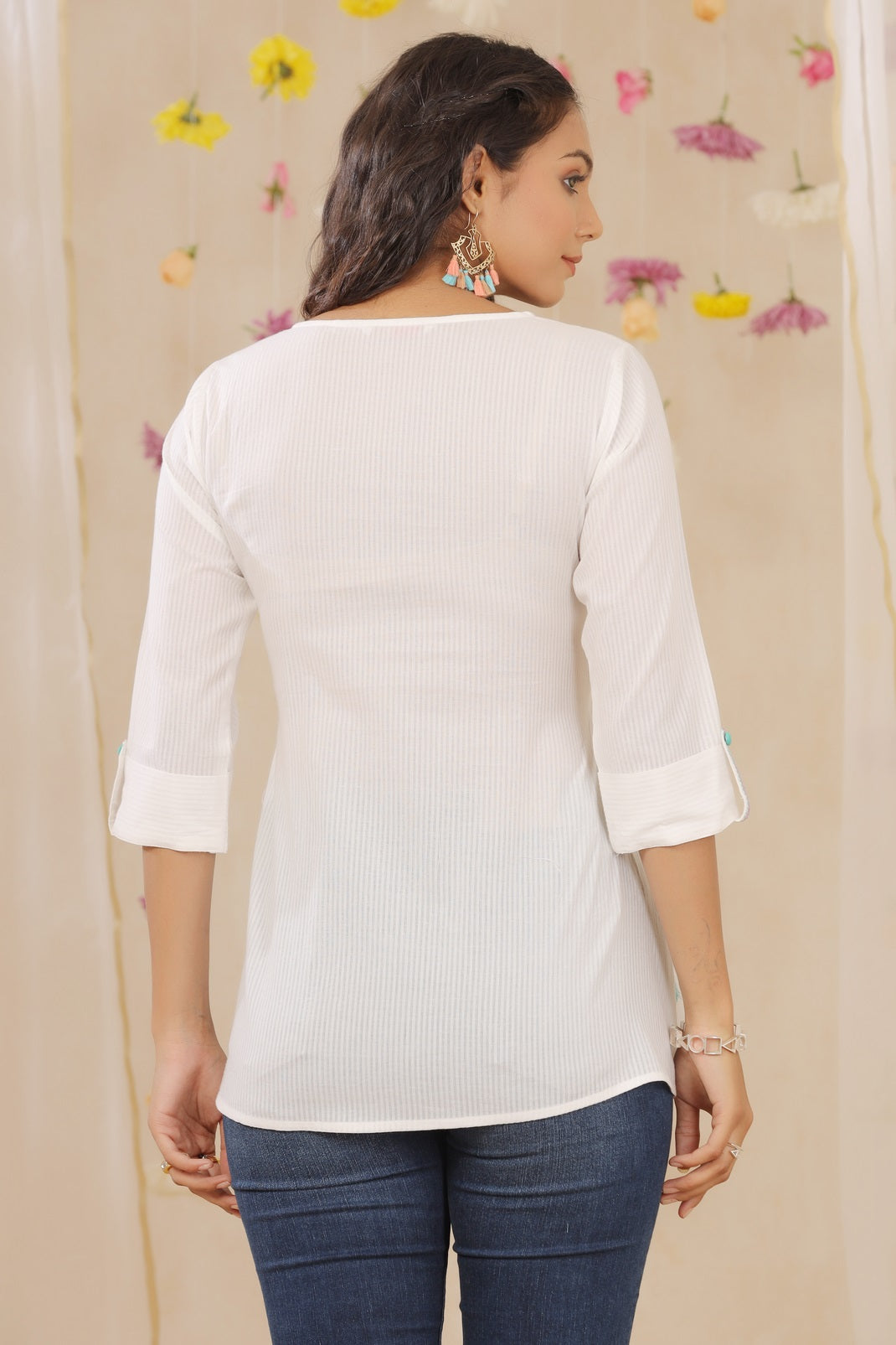 White Cotton Dobby Embroidered A-Line Tunic