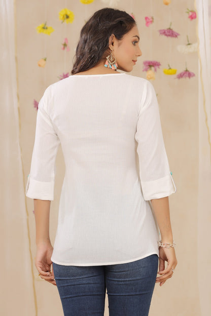 White Cotton Dobby Embroidered A-Line Tunic