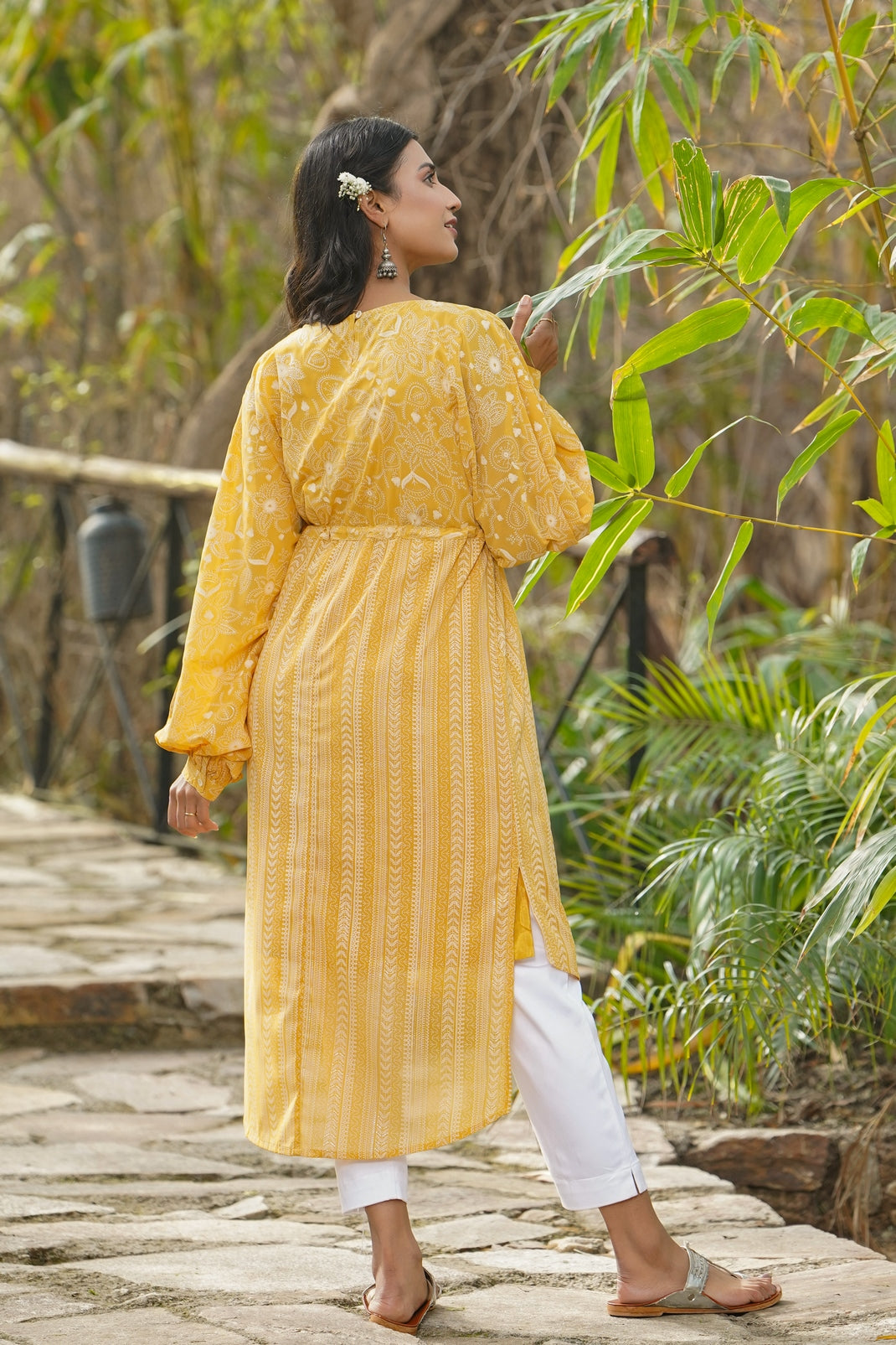 Yellow Georgette Printed High-Low Tunic with Slip