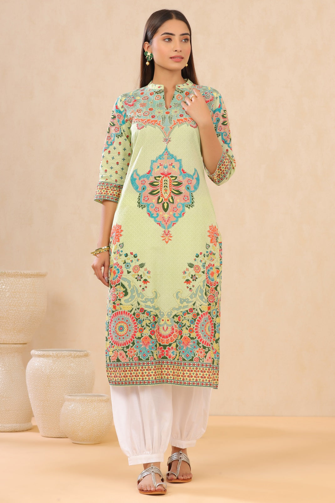 Pistagreen Cambric Printed Straight Kurta