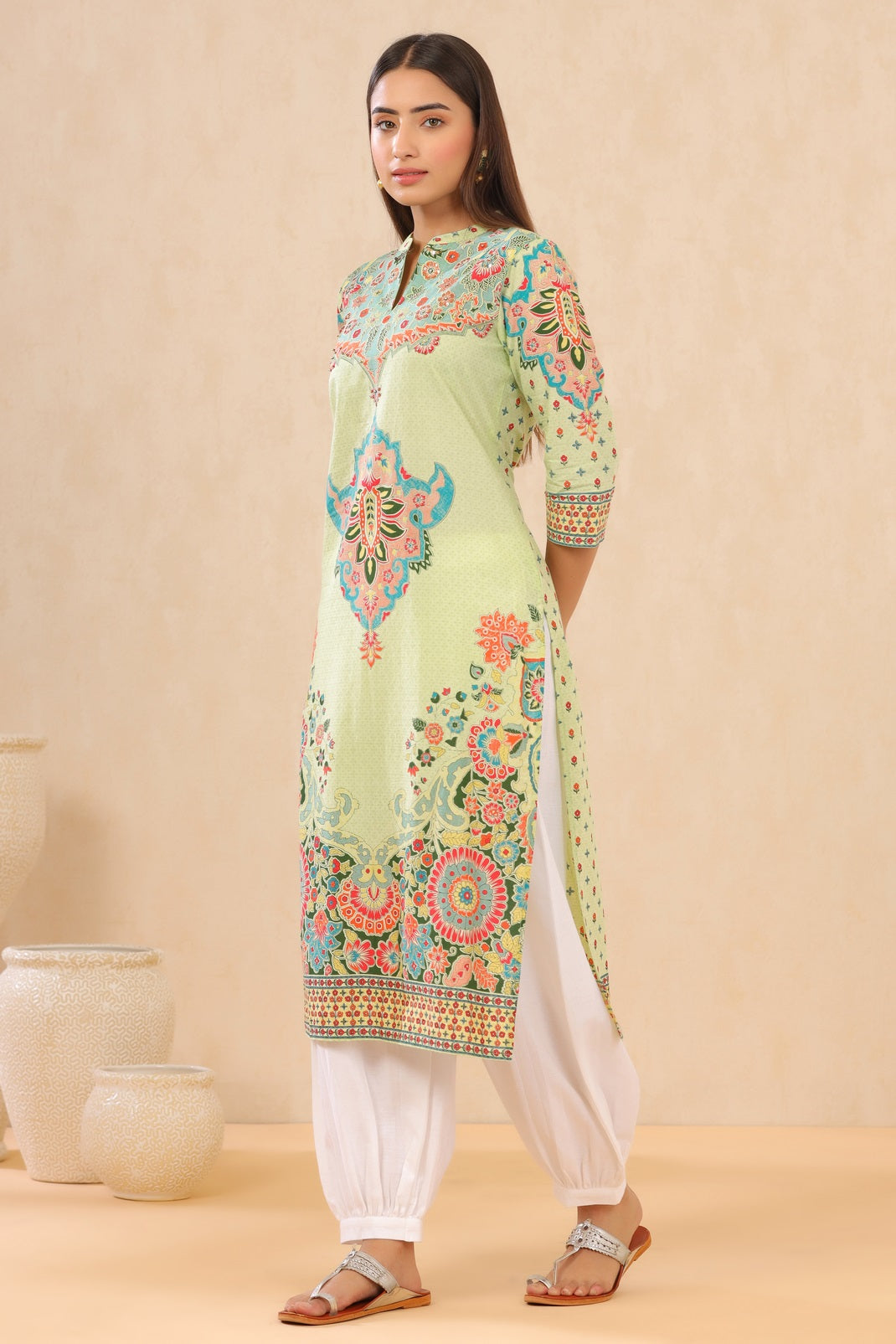 Pistagreen Cambric Printed Straight Kurta