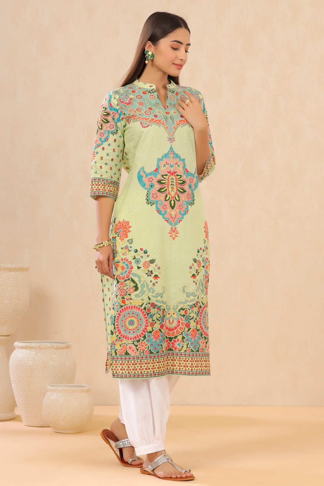 Pistagreen Cambric Printed Straight Kurta