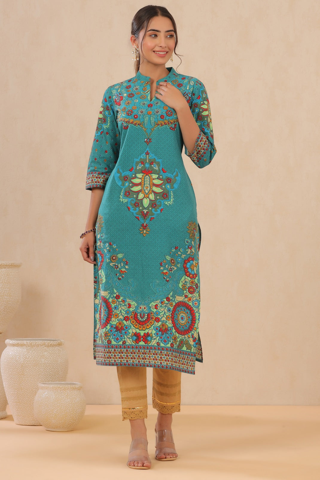 Teal Cambric Printed Straight Kurta