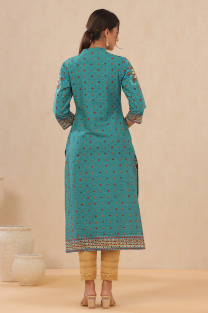 Teal Cambric Printed Straight Kurta