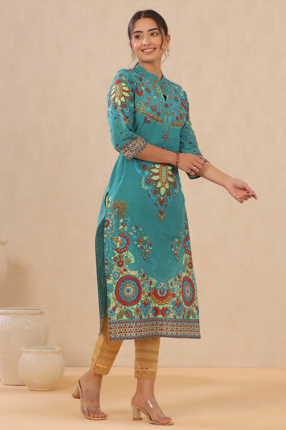 Teal Cambric Printed Straight Kurta