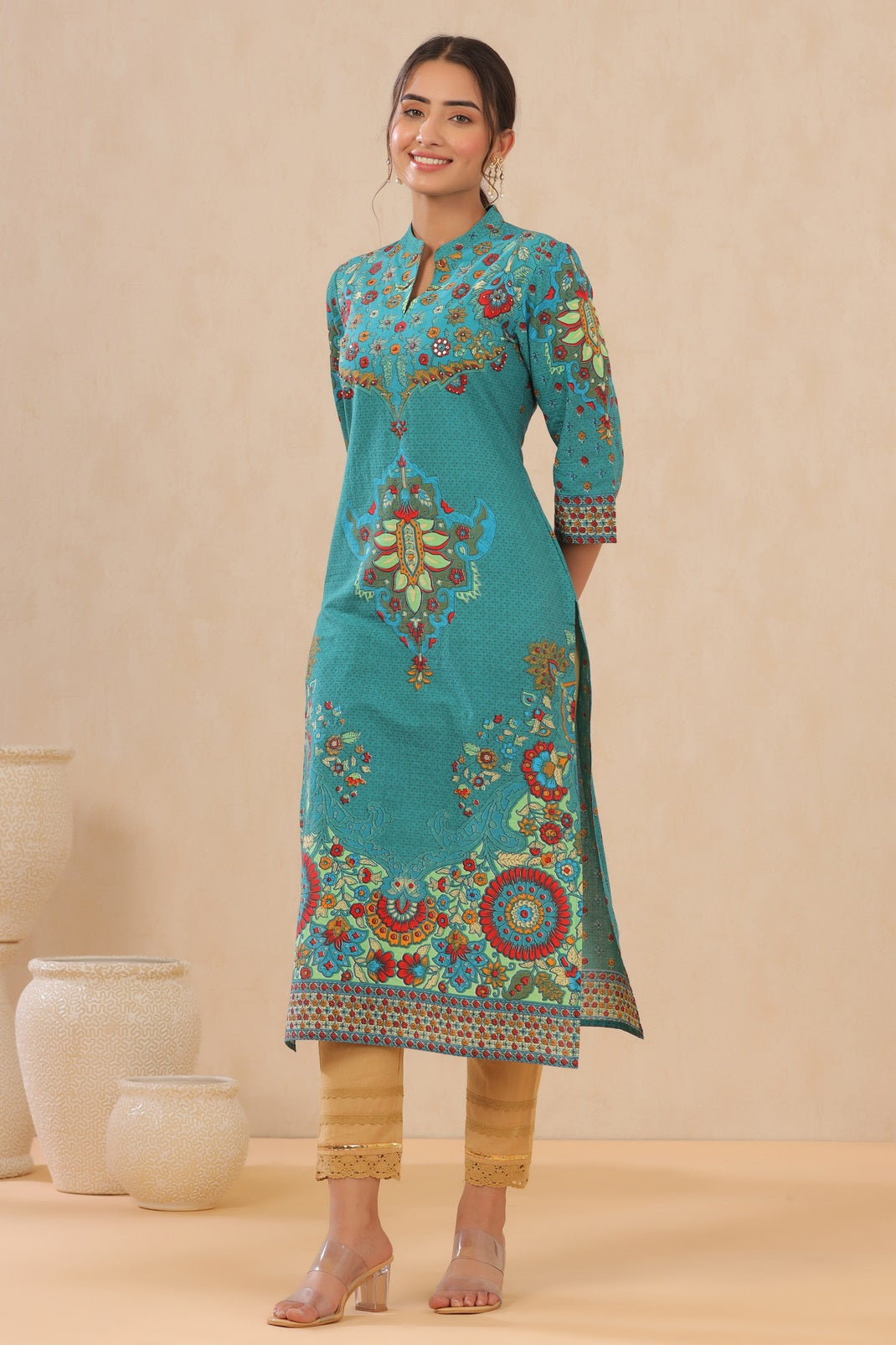 Teal Cambric Printed Straight Kurta