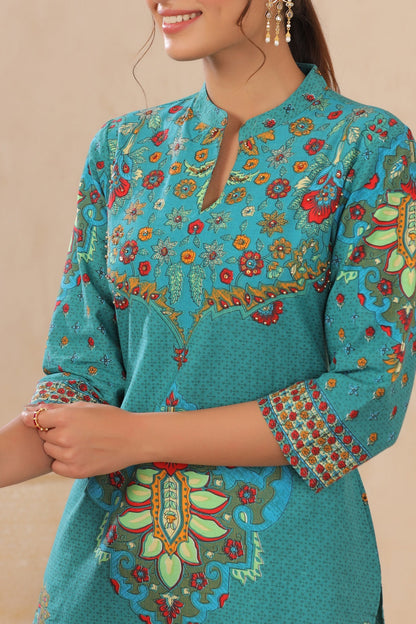 Teal Cambric Printed Straight Kurta