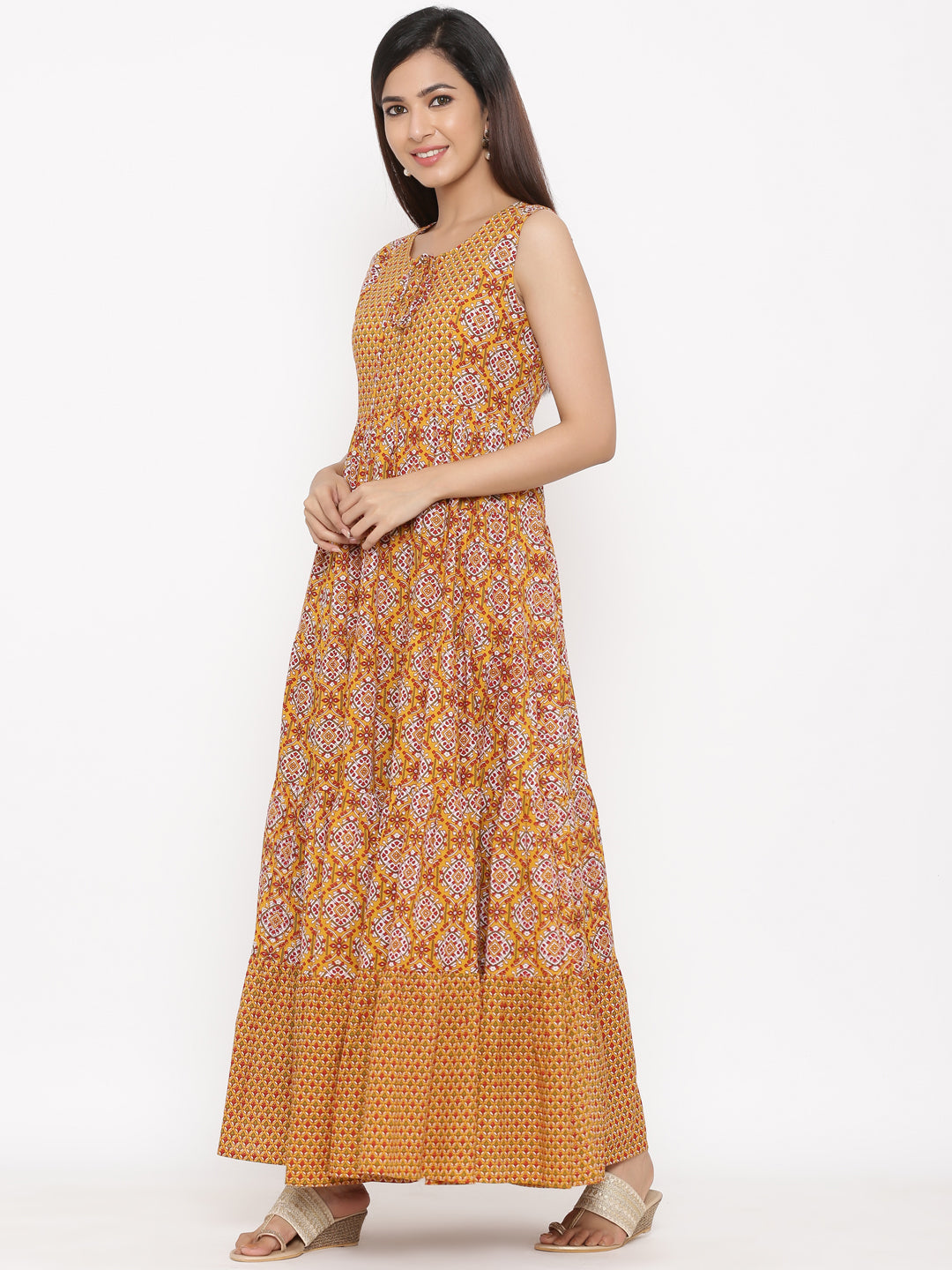 Cotton Floral Print Flared Maxi Dress