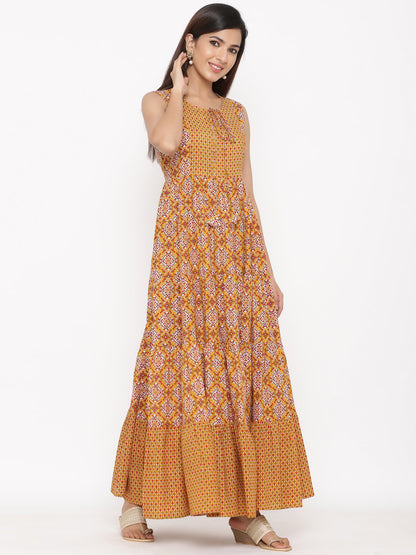 Cotton Floral Print Flared Maxi Dress