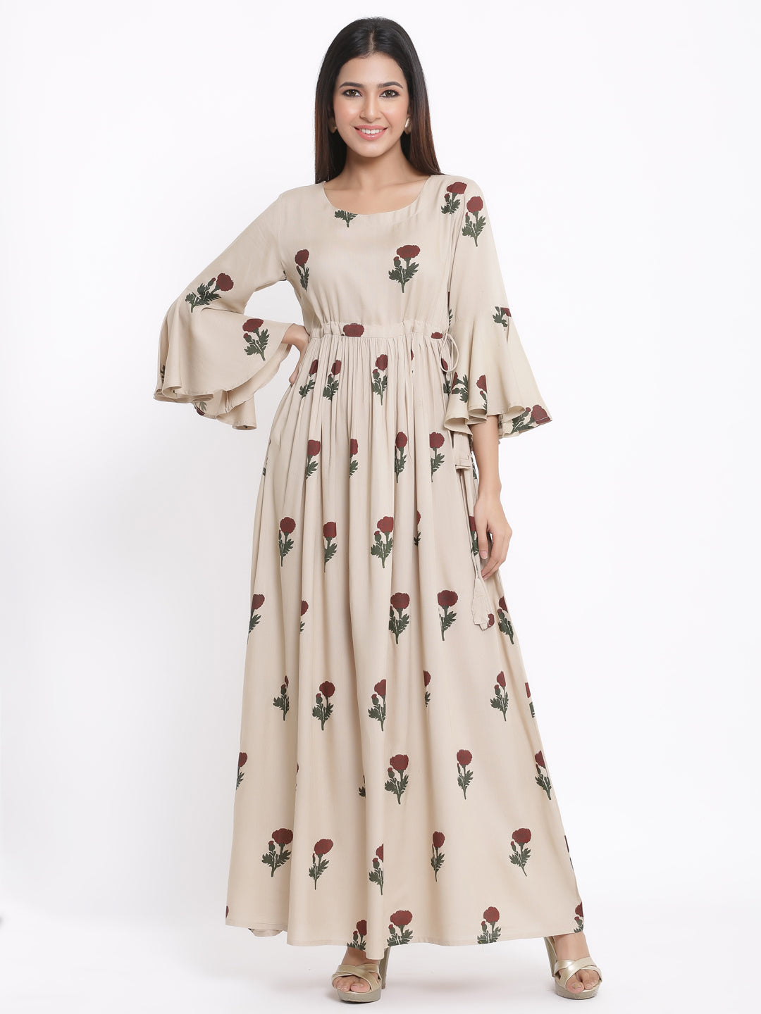 Rayon Floral Print Flared Gown