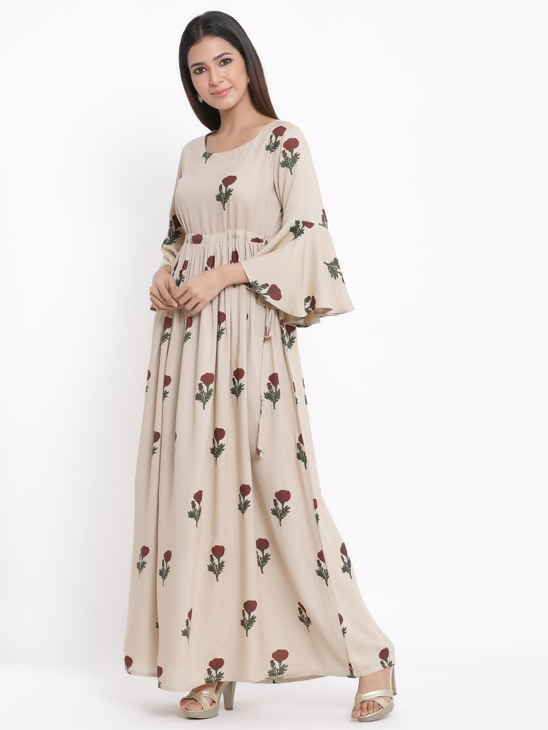 Rayon Floral Print Flared Gown