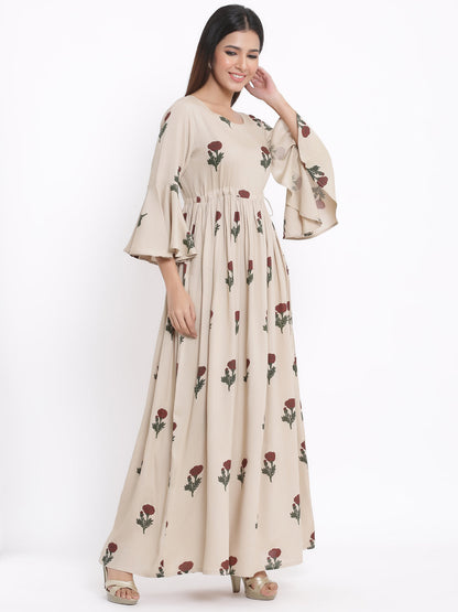 Rayon Floral Print Flared Gown