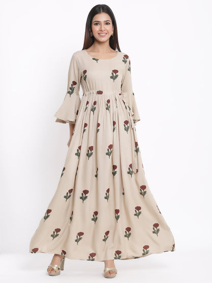 Rayon Floral Print Flared Gown