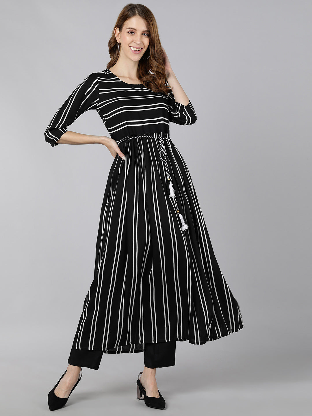 Rayon Striped Printed Flared Dress (Black & White)