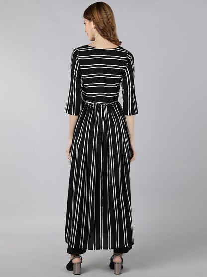 Rayon Striped Printed Flared Dress (Black & White)