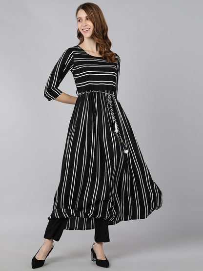 Rayon Striped Printed Flared Dress (Black & White)