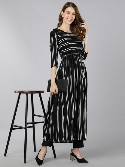 Rayon Striped Printed Flared Dress (Black & White)