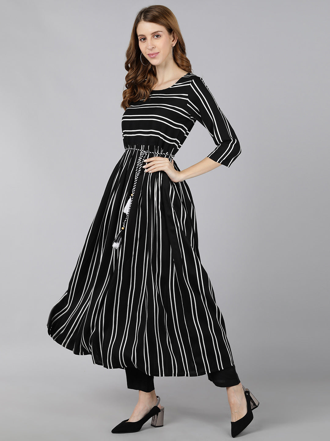 Rayon Striped Printed Flared Dress (Black & White)