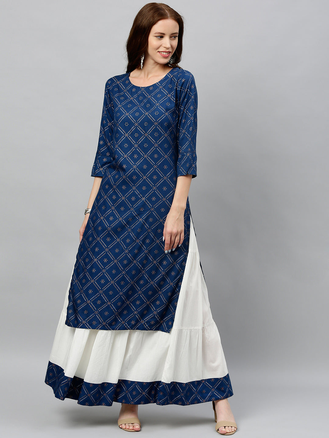 Rayon Bandhni Print Straight Kurta Skirt Set