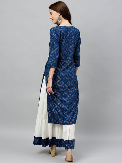 Rayon Bandhni Print Straight Kurta Skirt Set