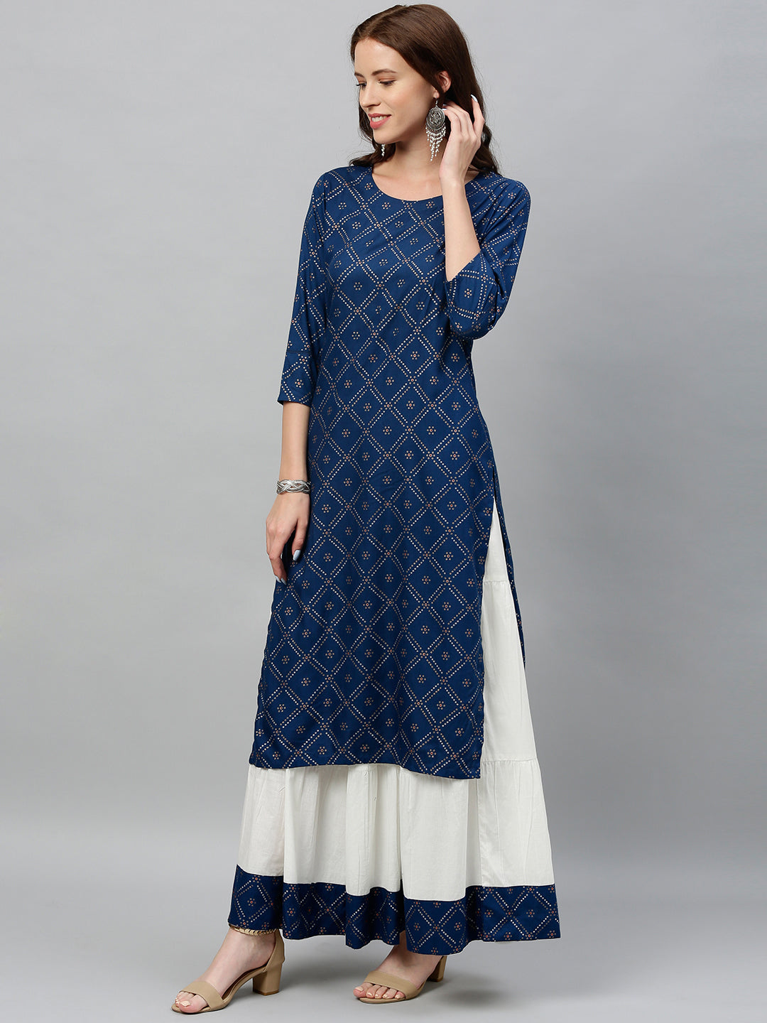 Rayon Bandhni Print Straight Kurta Skirt Set