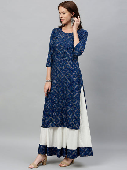 Rayon Bandhni Print Straight Kurta Skirt Set