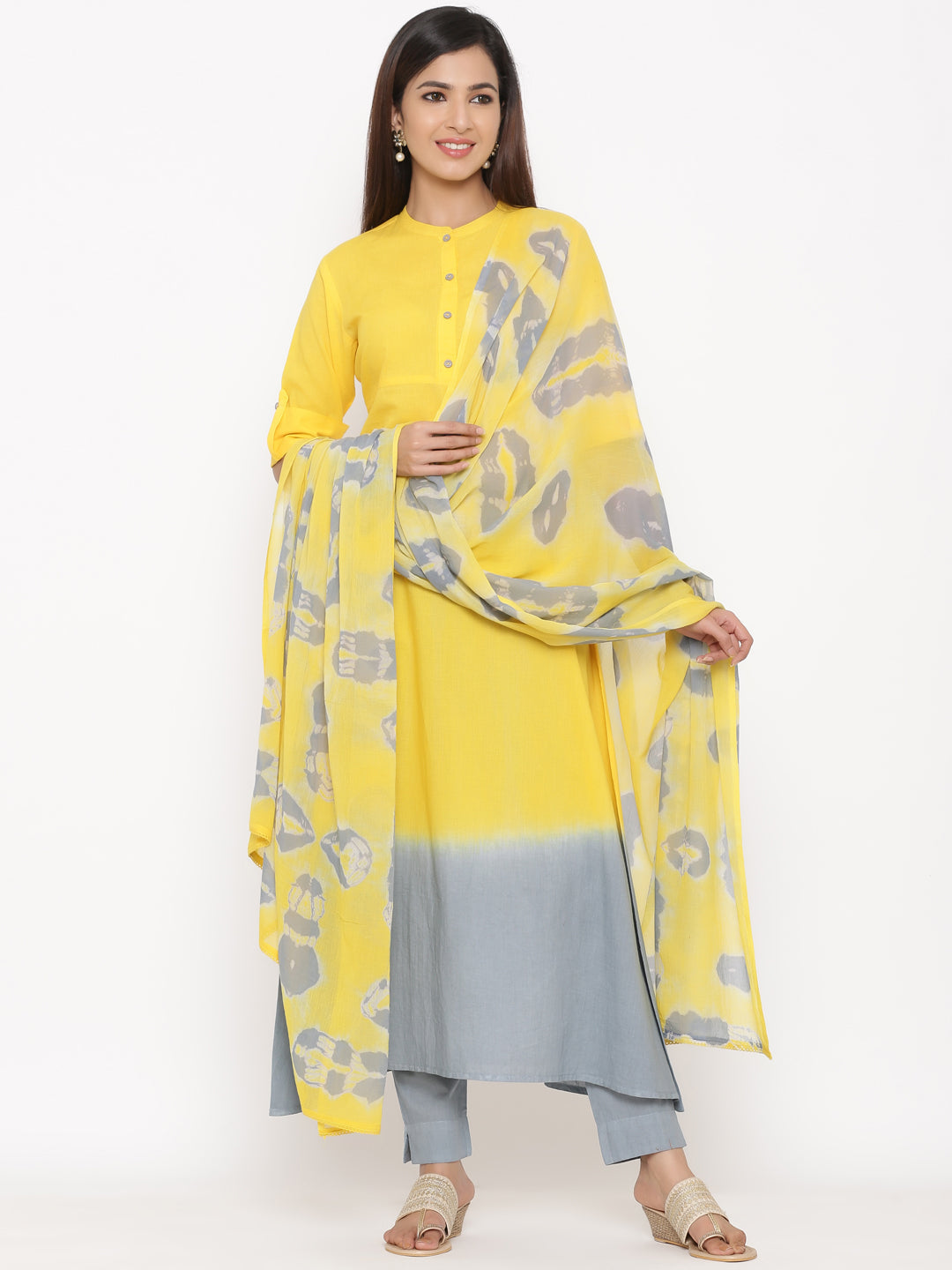 Cotton Tie Die Print Flared Kurta Pant Dupatta