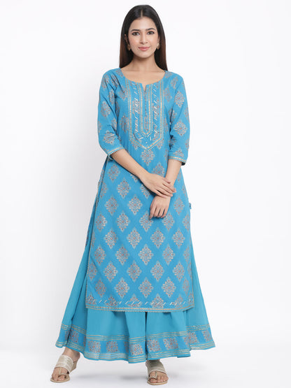 Cotton Printed Straight Kurta Sharara Dupatta