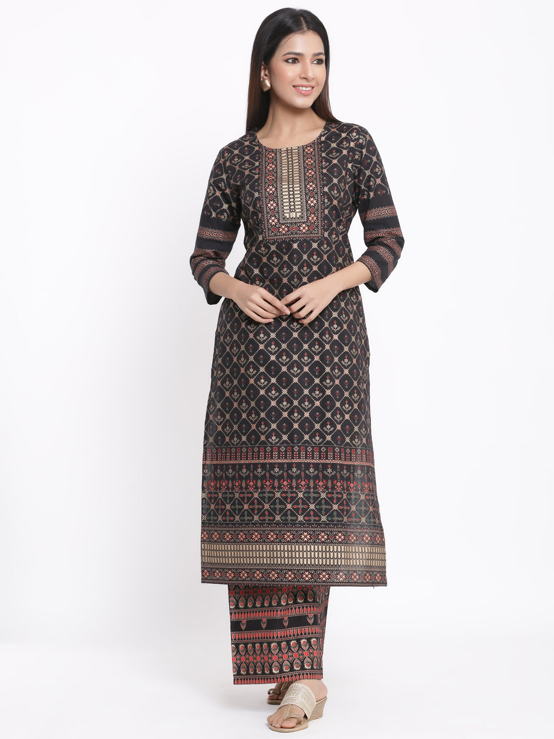 Cotton Gold Print Straight Kurta Palazzo Set