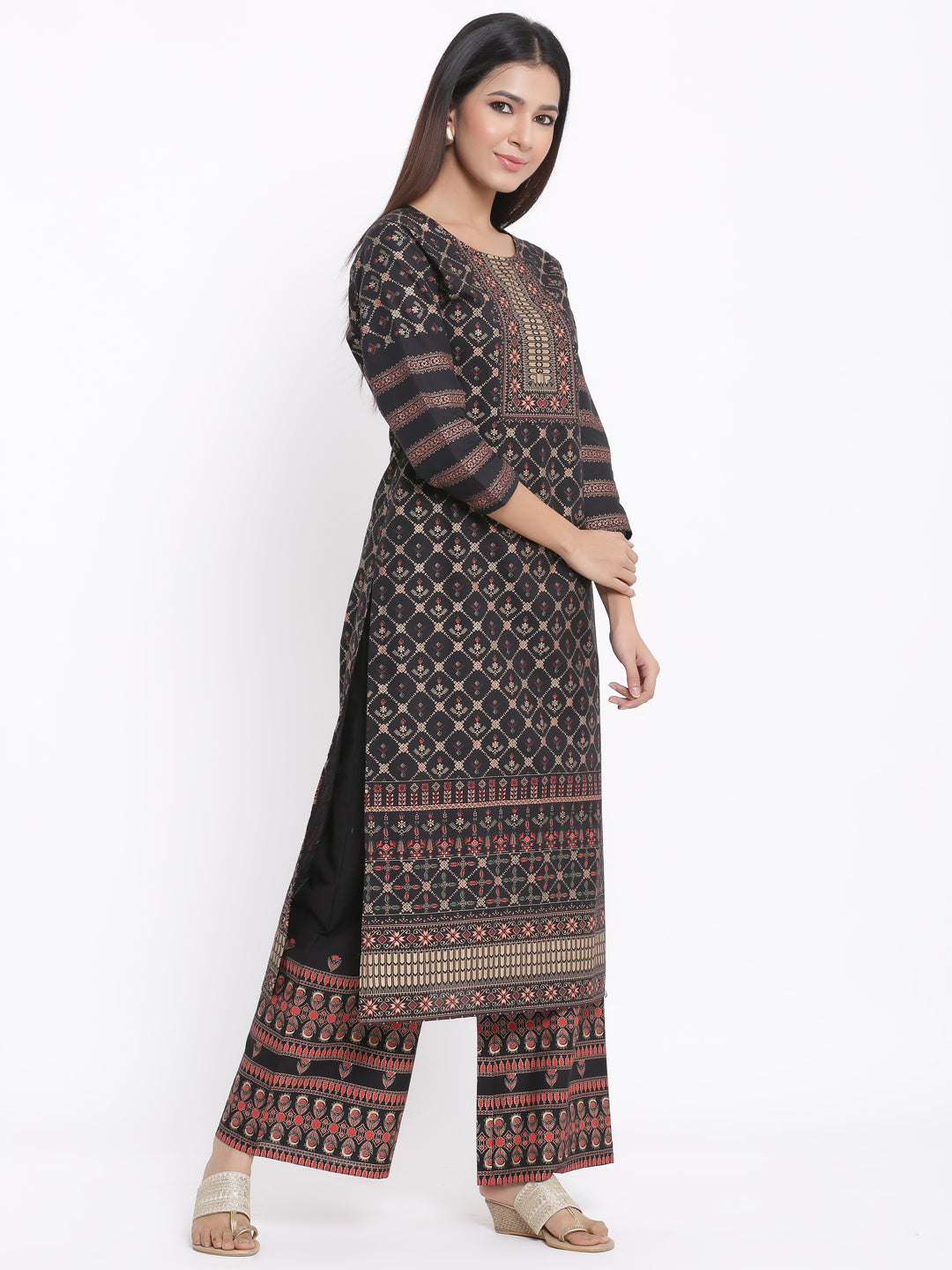 Cotton Gold Print Straight Kurta Palazzo Set