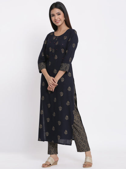 Rayon Gold Print Straight Kurta Pant Set