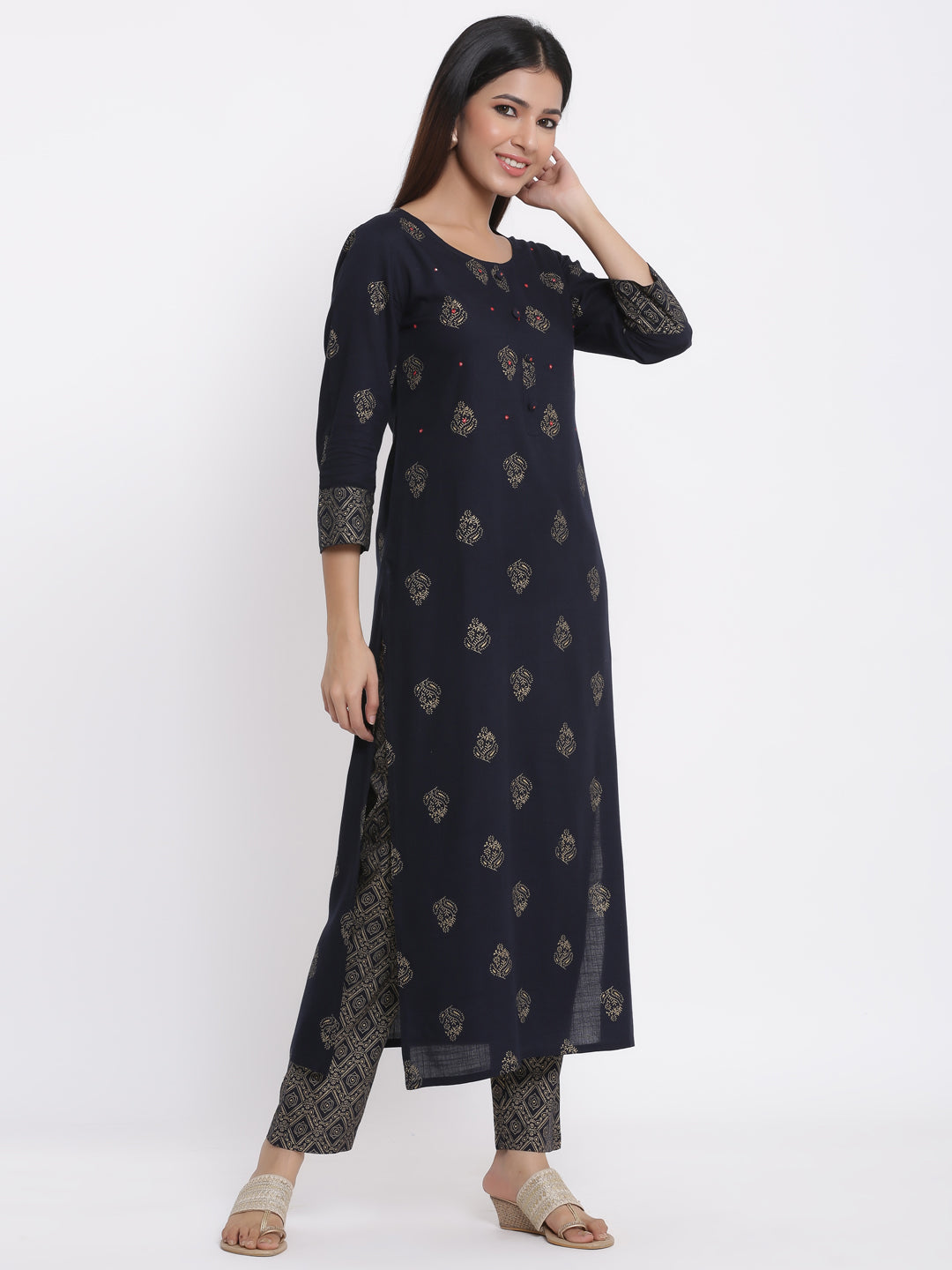 Rayon Gold Print Straight Kurta Pant Set