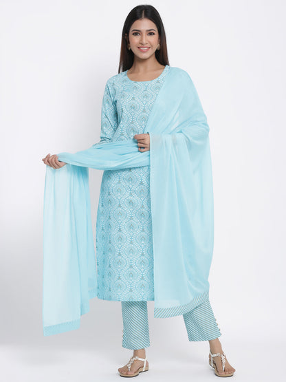 Cotton Printed Straight Kurta Pant Dupatta