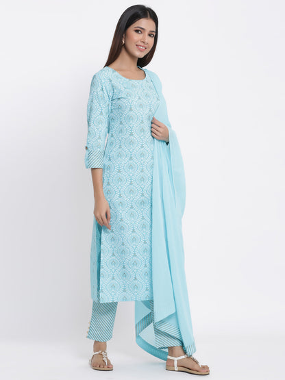 Cotton Printed Straight Kurta Pant Dupatta