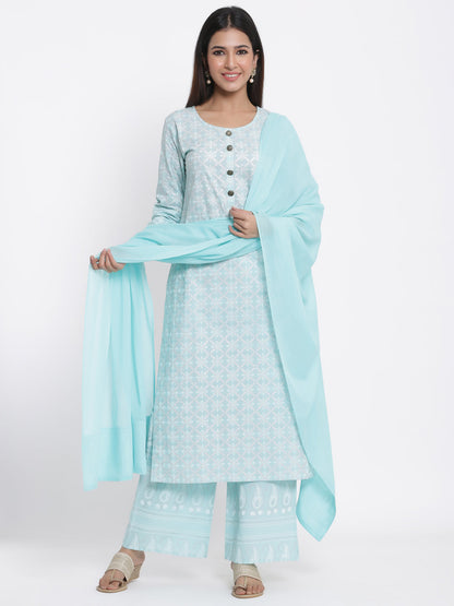 Cotton Printed Straight Kurta Palazzo Dupatta