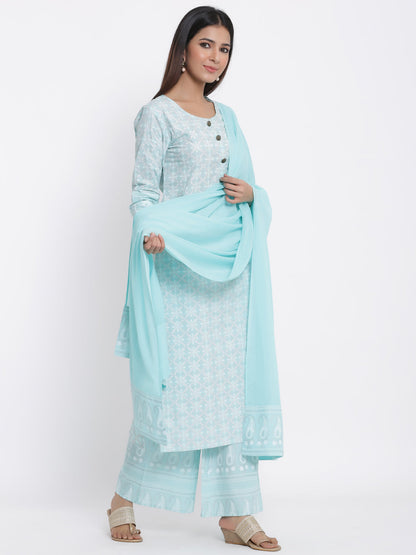 Cotton Printed Straight Kurta Palazzo Dupatta