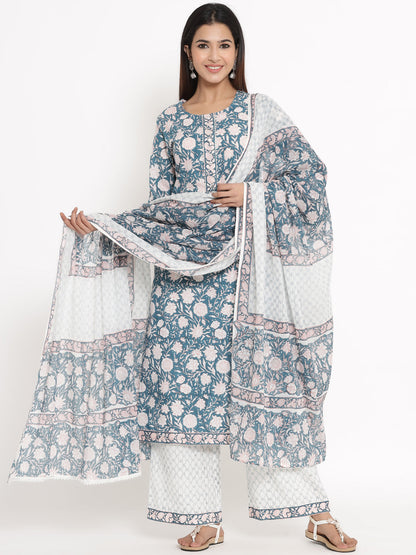 Cotton Floral Print Straight Kurta Palazzo Dupatta