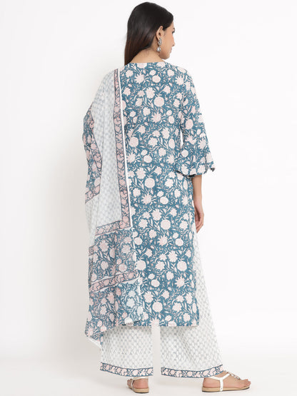 Cotton Floral Print Straight Kurta Palazzo Dupatta