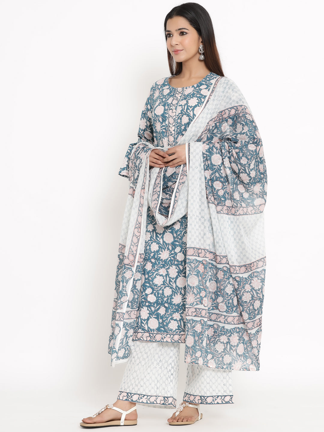 Cotton Floral Print Straight Kurta Palazzo Dupatta