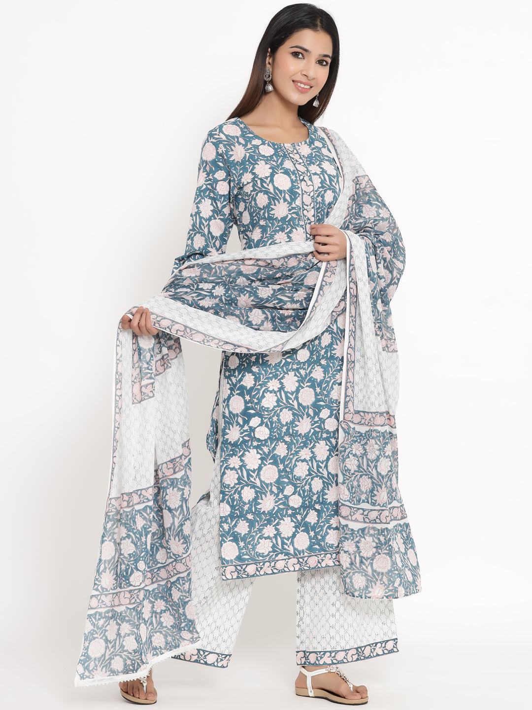 Cotton Floral Print Straight Kurta Palazzo Dupatta