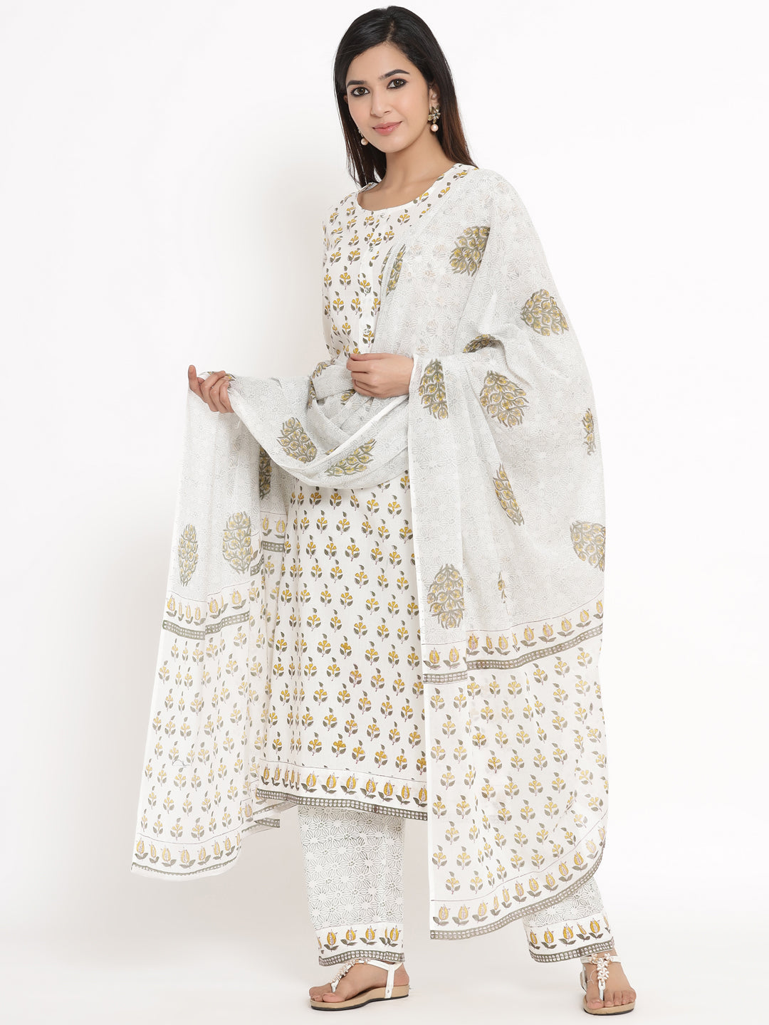 Cotton Floral Print Straight Kurta Palazzo Dupatta