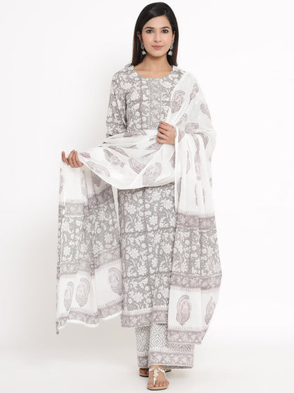 Cotton Floral Print Straight Kurta Palazzo Dupatta