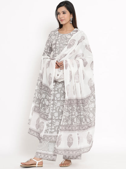 Cotton Floral Print Straight Kurta Palazzo Dupatta