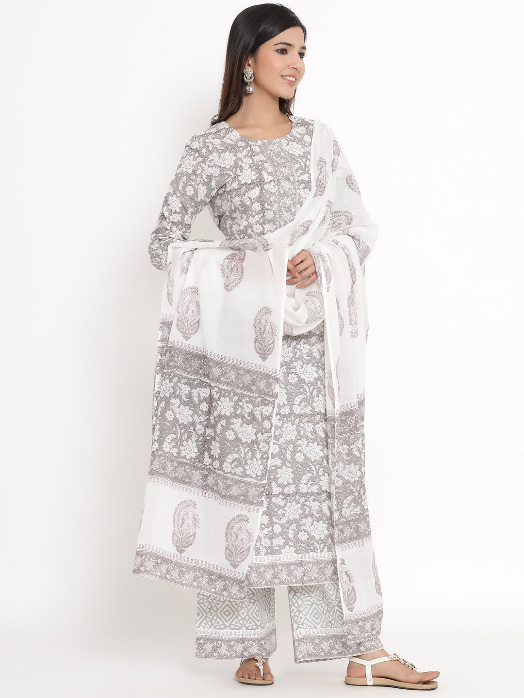 Cotton Floral Print Straight Kurta Palazzo Dupatta