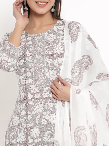 Cotton Floral Print Straight Kurta Palazzo Dupatta