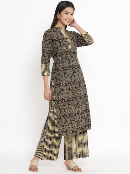 Cotton Floral Print Straight Kurta Palazzo Set