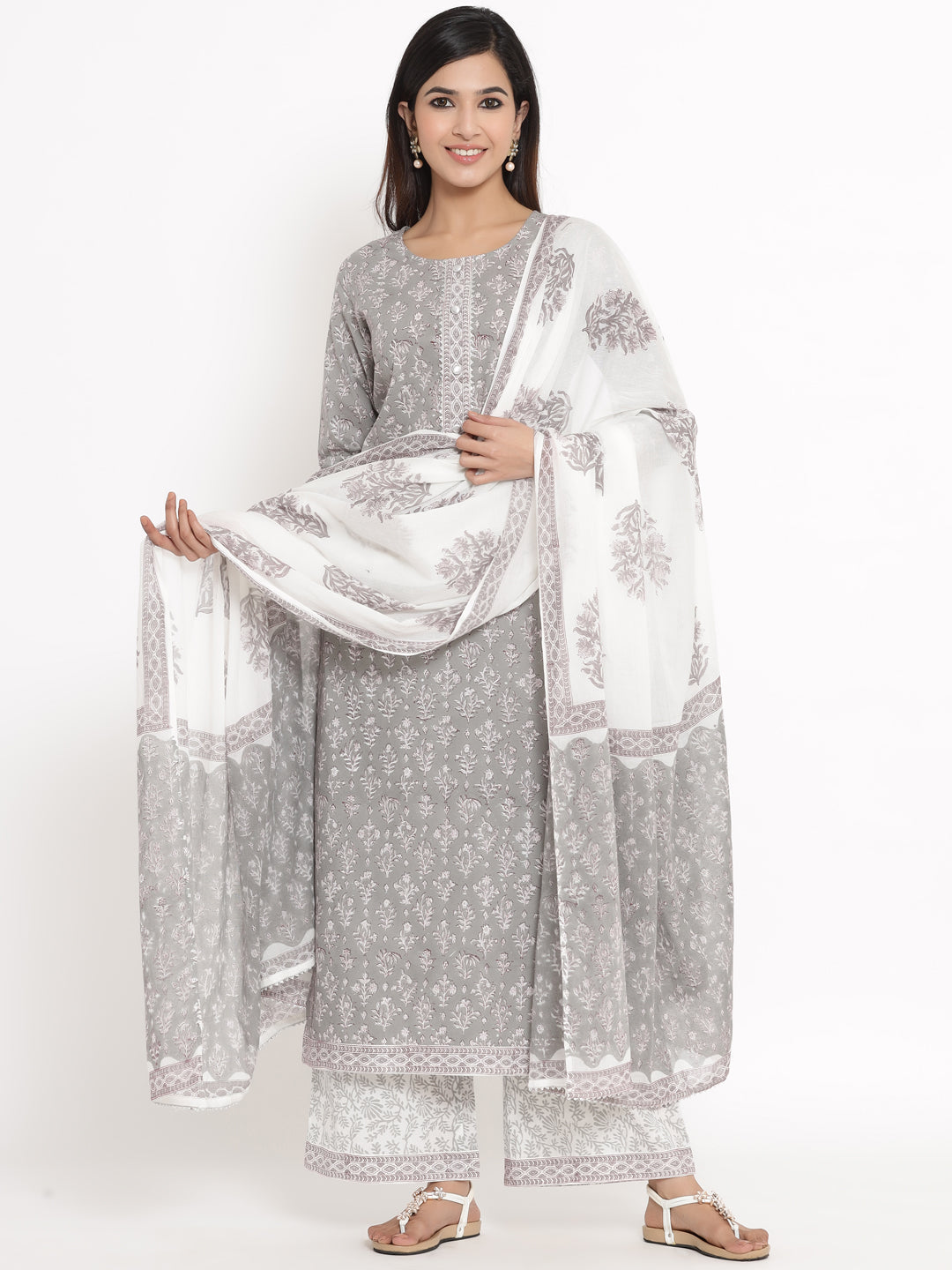 Cotton Printed Straight Kurta Palazzo Dupatta