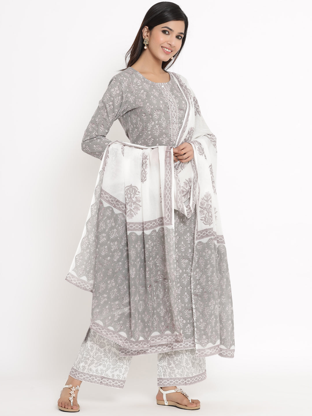 Cotton Printed Straight Kurta Palazzo Dupatta