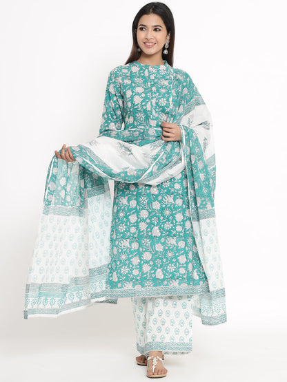 Cotton Floral Print Straight Kurta Palazzo Dupatta