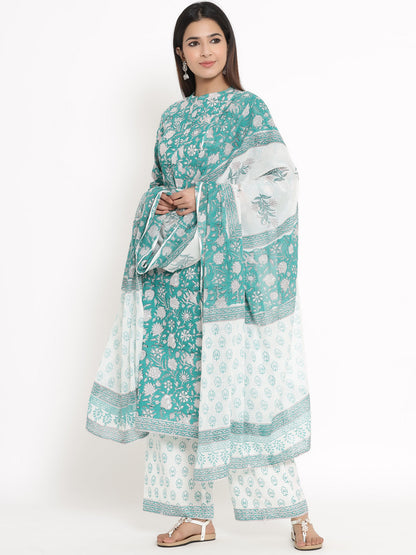 Cotton Floral Print Straight Kurta Palazzo Dupatta